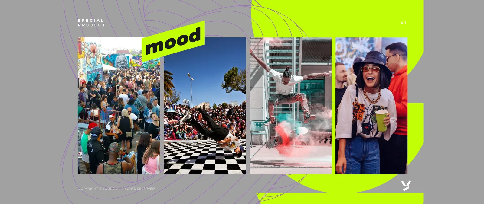 Мудборд под меткой «SPECIAL PROJECT» и плашкой «mood» из четырёх кадров: толпа у граффити-стены, брейк-данс на шахматном полу, прыжок со скейтом в облаке цветной пудры и смеющаяся девушка в панаме