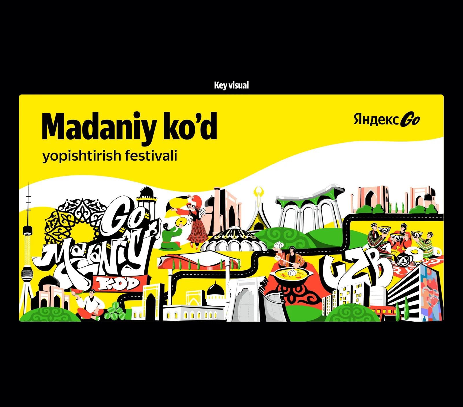 Кадр с меткой «Key visual»: жёлтый баннер с заголовком «Madaniy ko’d», подзаголовком «yopishtirish festivali» и логотипом «Яндекс Go», ниже плотная полоса иллюстраций — телебашня, купола и порталы медресе, танцоры с бубнами, казан с пловом и граффити-леттеринг «UZB»